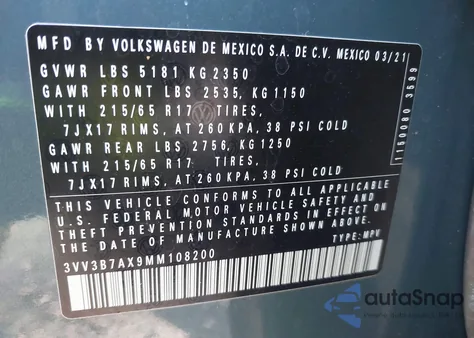 2021 Volkswagen Tiguan 2.0T Se/2.0T Se R-Line Black/2.0T Sel из США, поврежденный, VIN 3VV3B7AX9MM108200